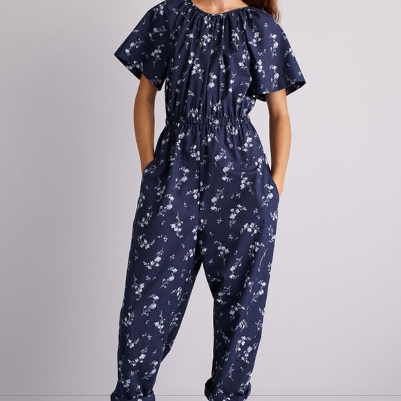 Rebecca Taylor Francine Floral Poplin Jumpsuit, Open Cape Back, Navy, Sz 6 - Picture 2 of 13